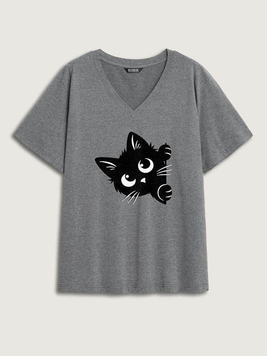 Hey Cat V-Neck Solid T-Shirt