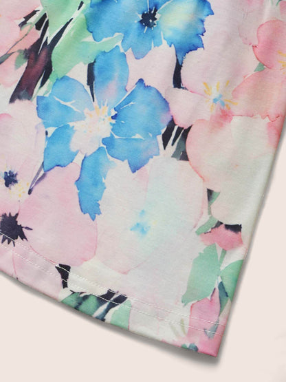 V Neck Floral Shirred Flutter Sleeve T-shirt