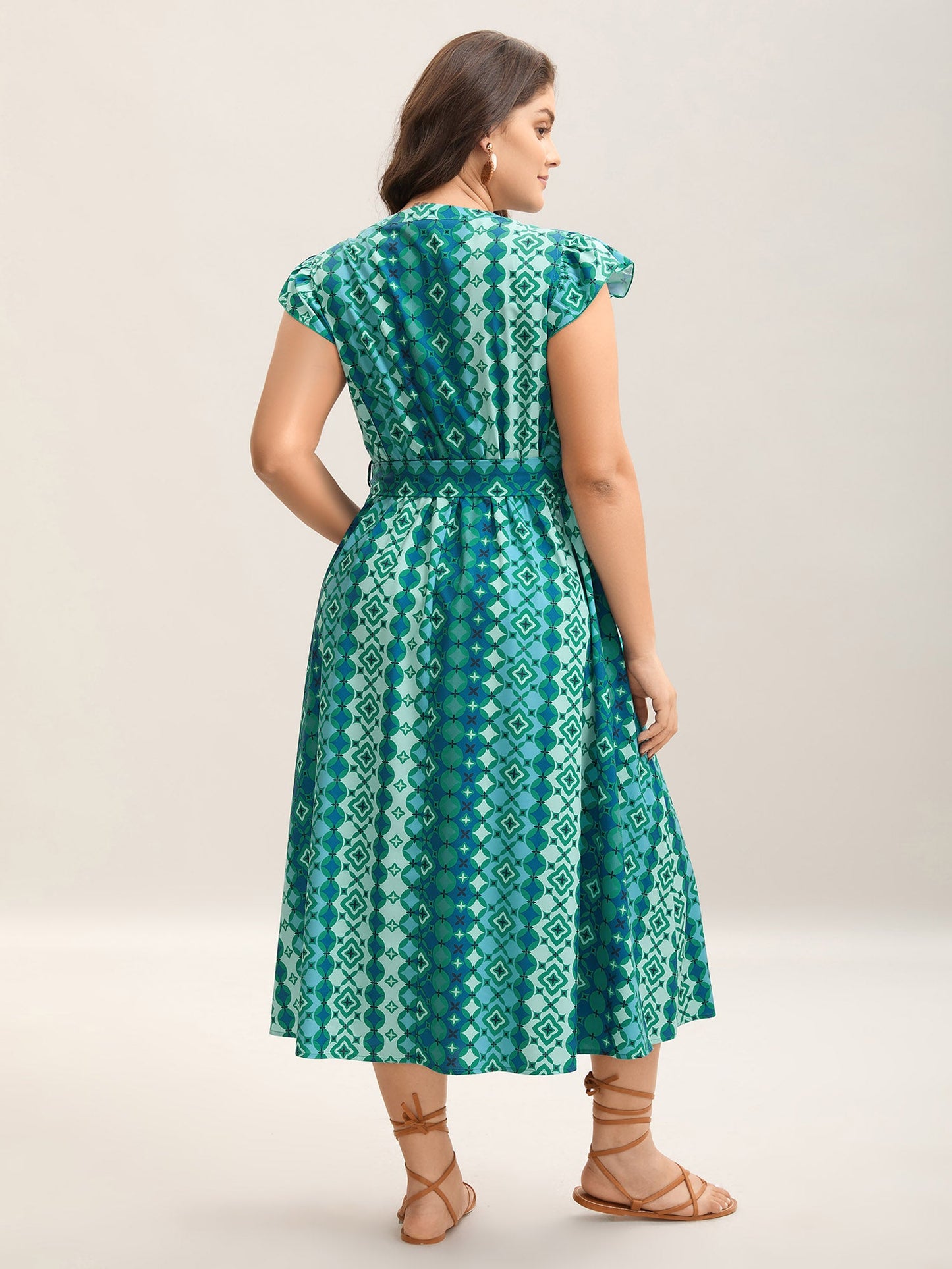 Boho Vacation Print Belted Notched Midi Dress