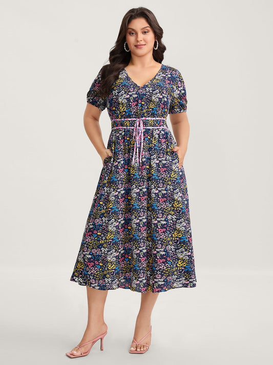 Rayon Floral Print Contrast Pockets Midi Dress
