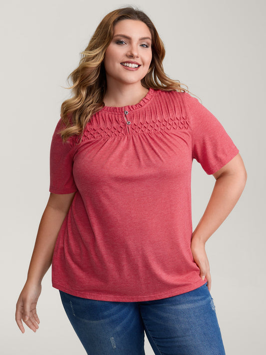 Stretchy Ruched Neckline Ruffled Neck T-Shirt