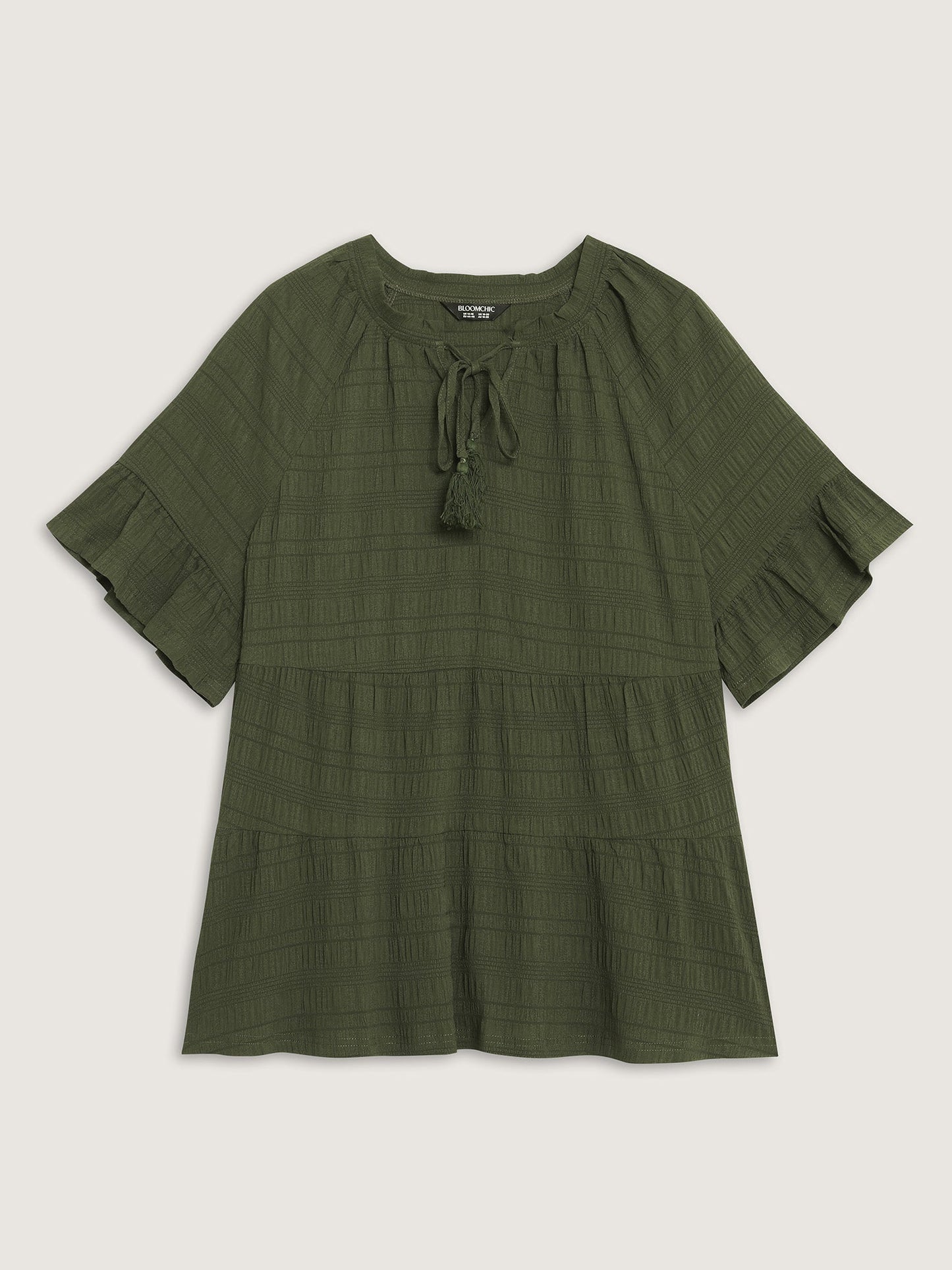 Notched Neck-Tie Crinkle Tiered Blouse