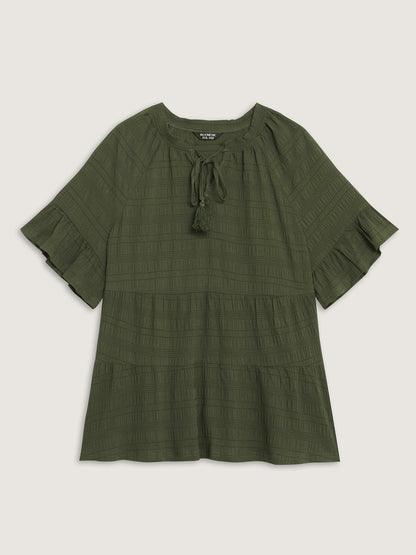 Notched Neck-Tie Crinkle Tiered Blouse