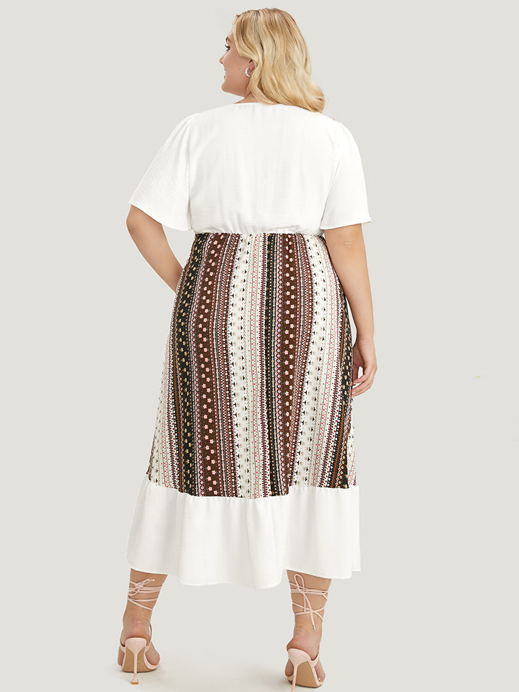 Bandana Patchwork Square Neck Pocket Ruffles Hem Dress