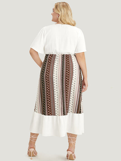 Bandana Patchwork Square Neck Pocket Ruffles Hem Dress
