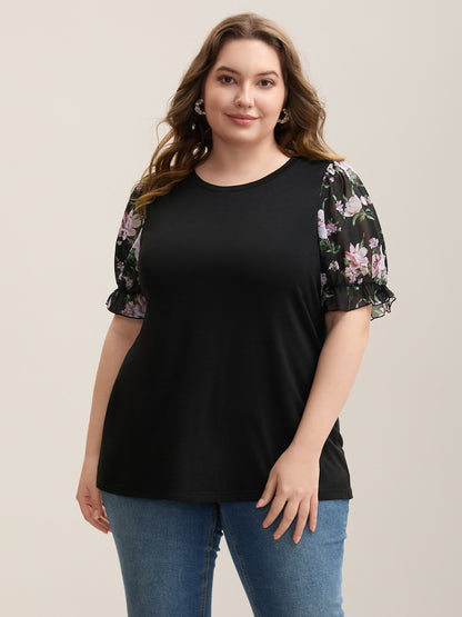 Printed Puff Sleeve Crew Neck T-Shirt