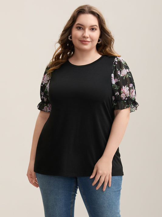Printed Puff Sleeve Crew Neck T-Shirt
