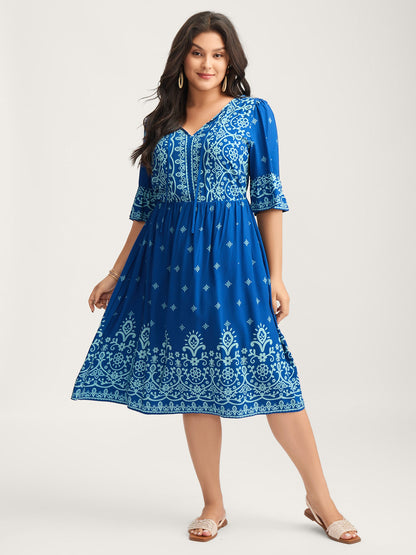 Stretchy Waist Boho Print Midi Dress