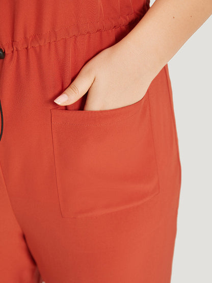 Plain Button Up Pocket Roll Hem Drawstring Jumpsuit