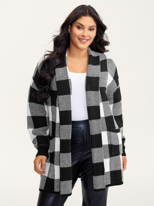 Checkered Jacquard Folded Collar Knit Cardigan
