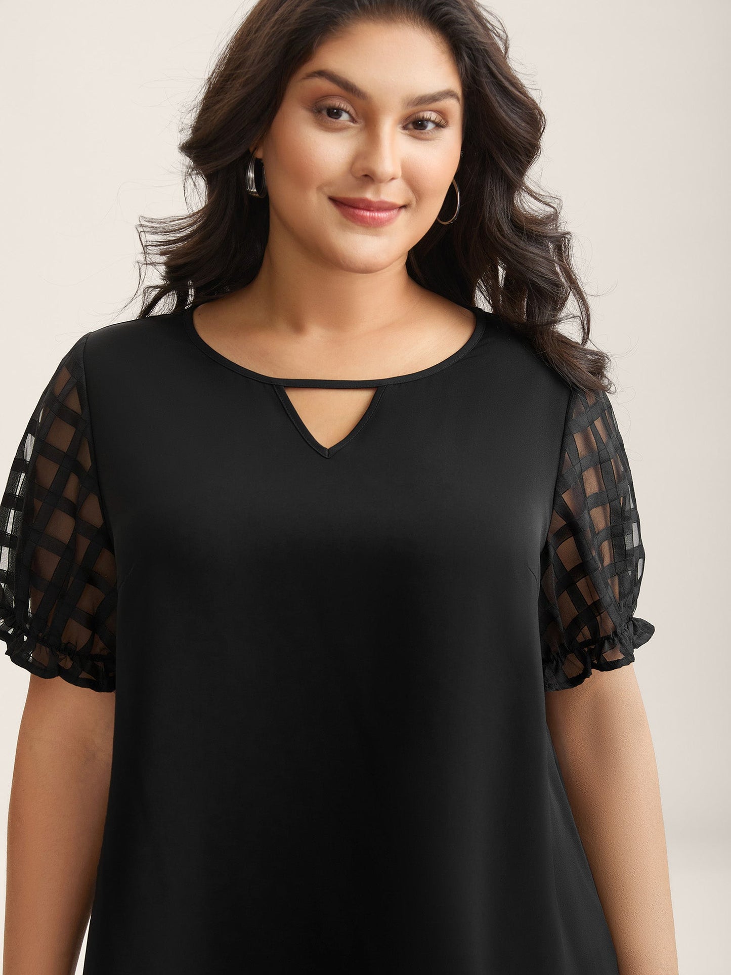 Sheer Grid Neck Keyhole Blouse
