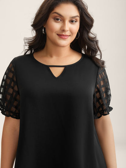 Sheer Grid Neck Keyhole Blouse