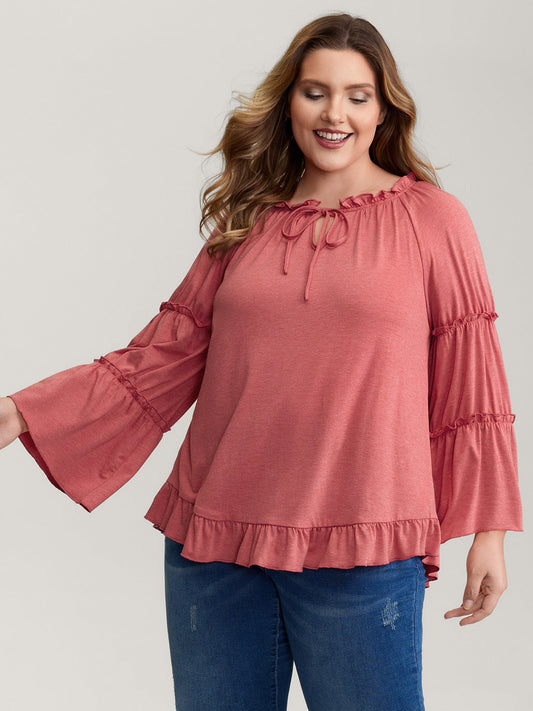 Supersoft Tiered Ruffled Sleeve Neck-Tie Top