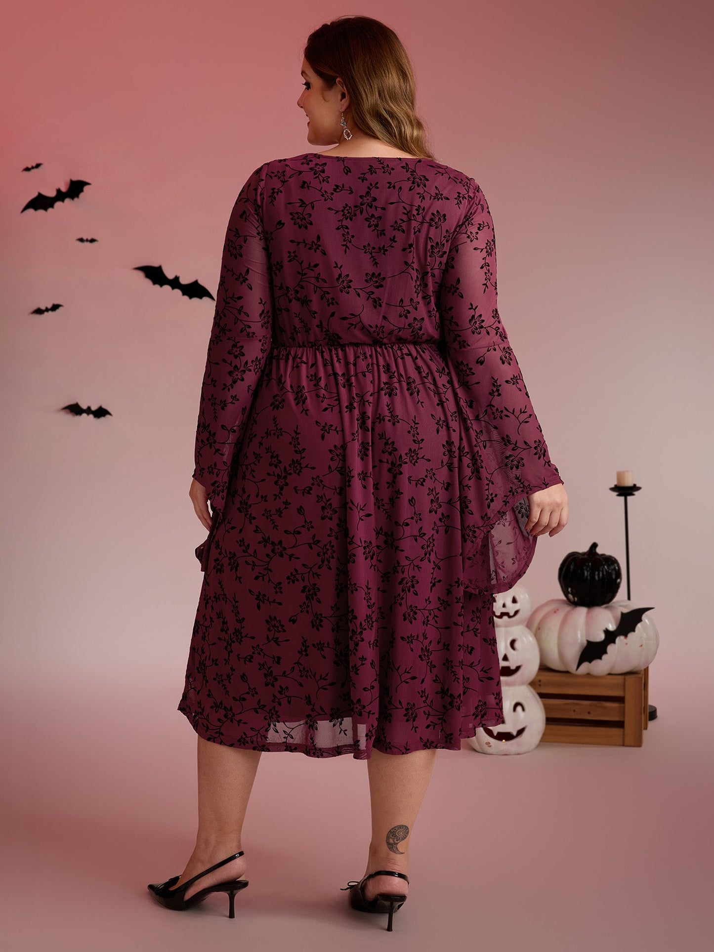 Floral Flocked Lace Cinched-Waist Midi Dress