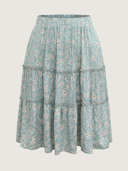 Floral Print Stretchy Waist Tiered Midi Skirt