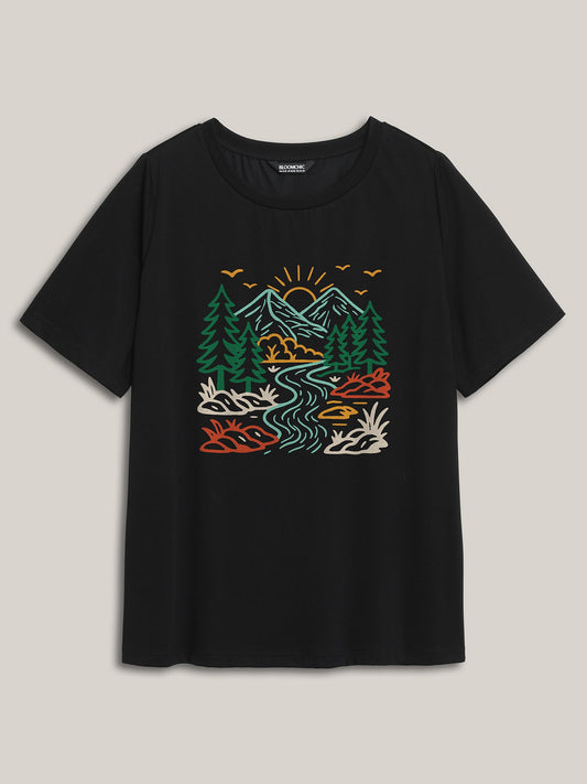 Mountain View Print Round Neck T-Shirt