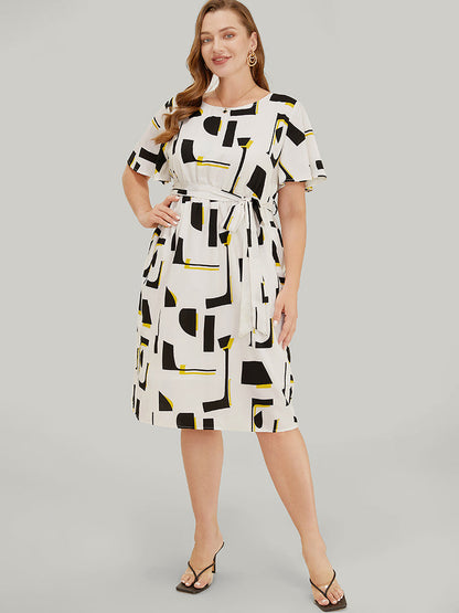 Geometric Print Pocket Belt Flutter Sleeve Dress