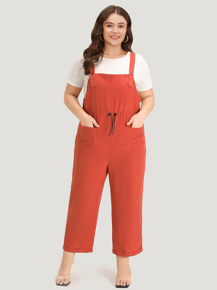 Plain Button Up Pocket Roll Hem Drawstring Jumpsuit