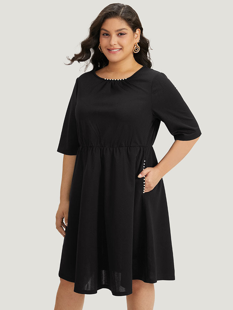 Plain Pocket Pearl Beaded Detail Gathered Dress