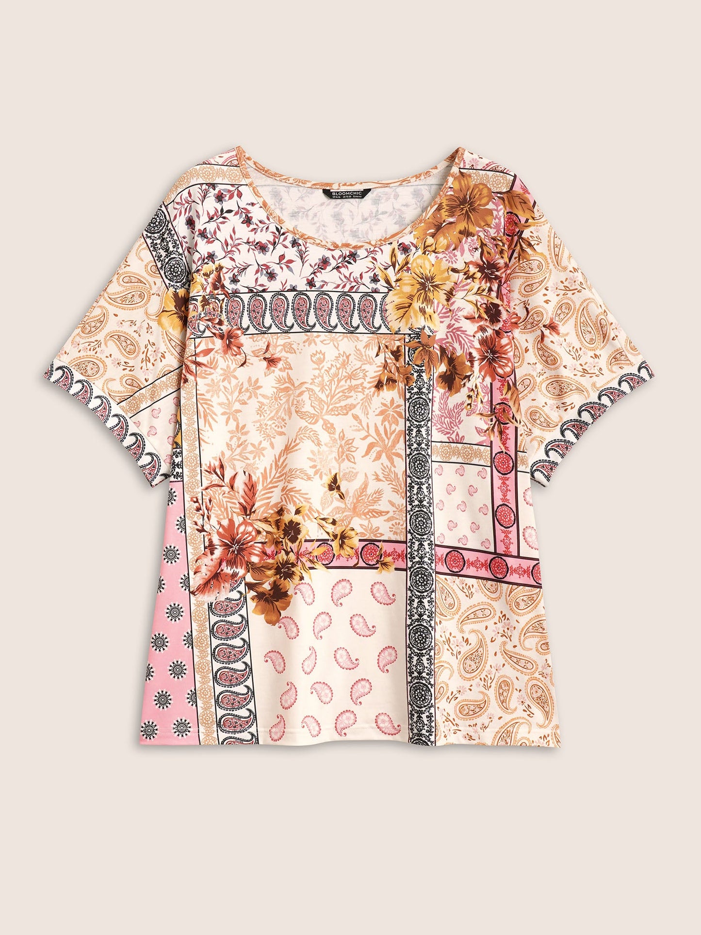 Round Neck Boho Print Patchwork T-shirt