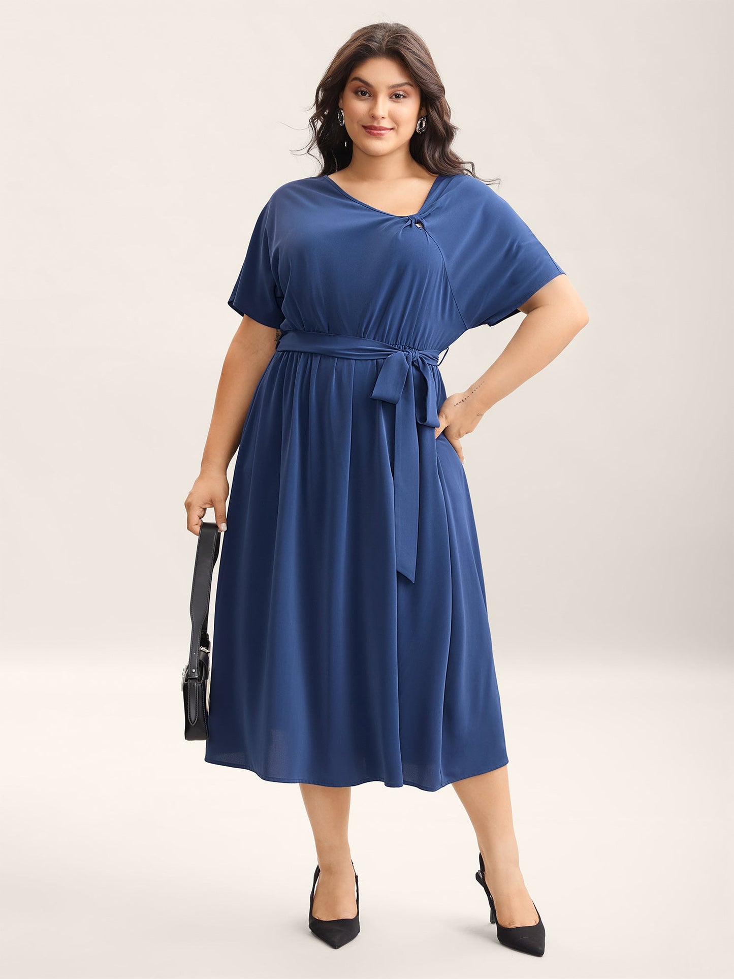 Keyhole Belted Pockets Plain Midi Dress