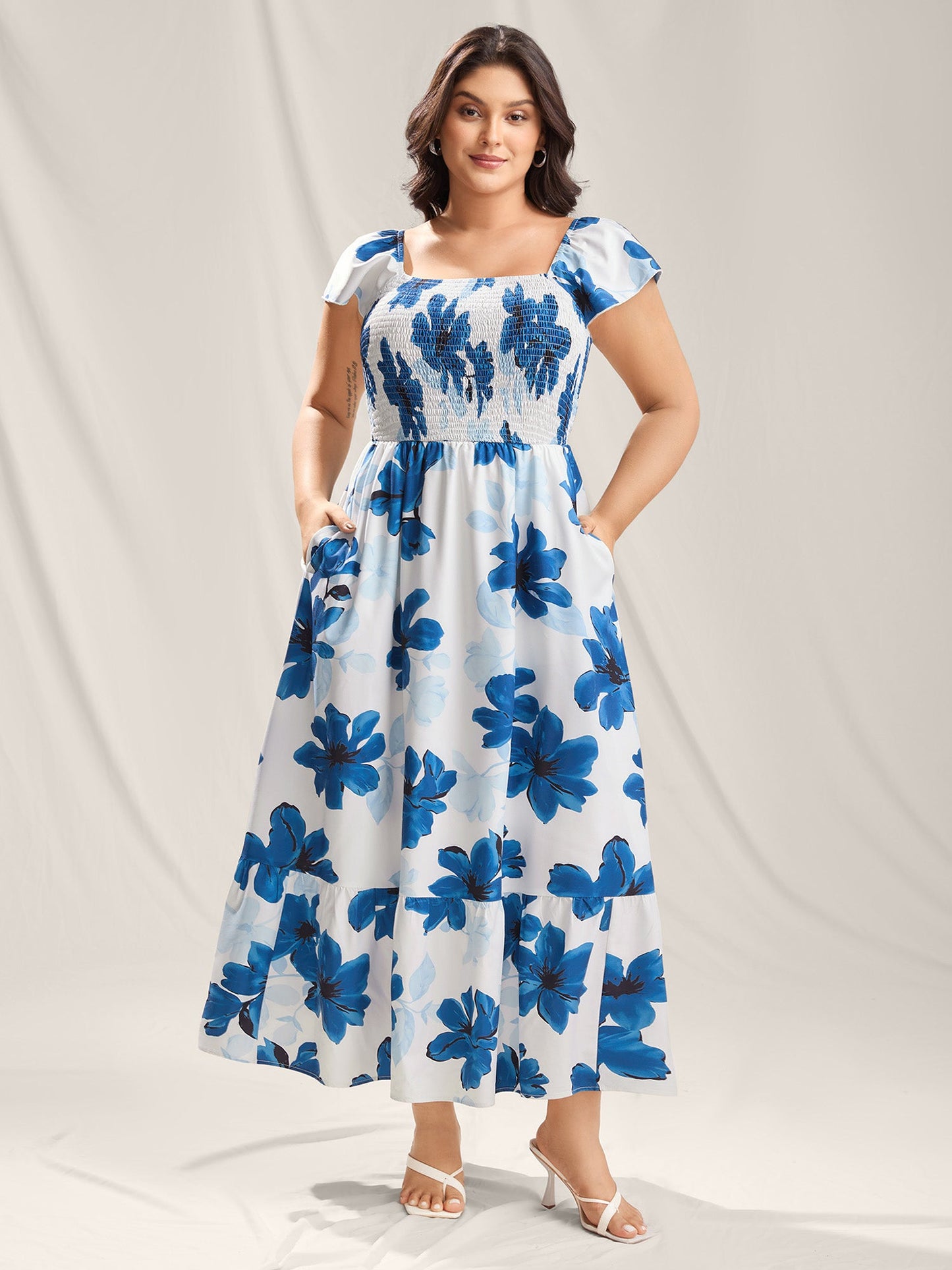Floral Pattern Shirred Pockets Midi Dress