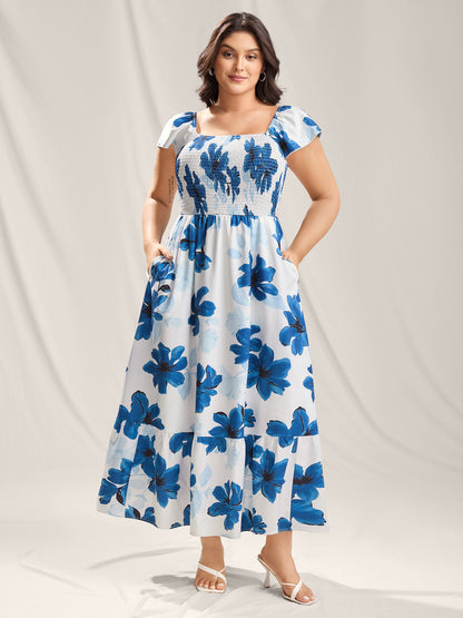 Floral Pattern Shirred Pockets Midi Dress
