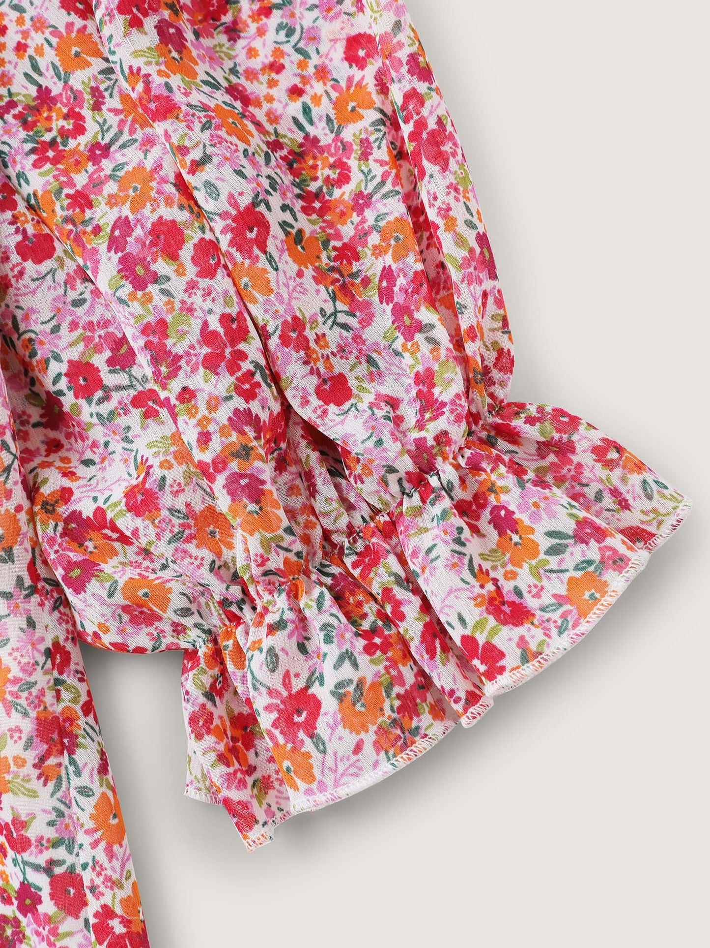 Sweet Floral Print Ruffled Neck Blouse