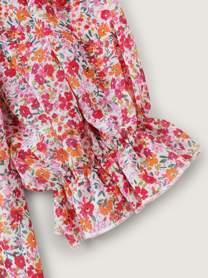 Sweet Floral Print Ruffled Neck Blouse
