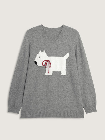 Puppy Bowknot Motif Textured Pullover