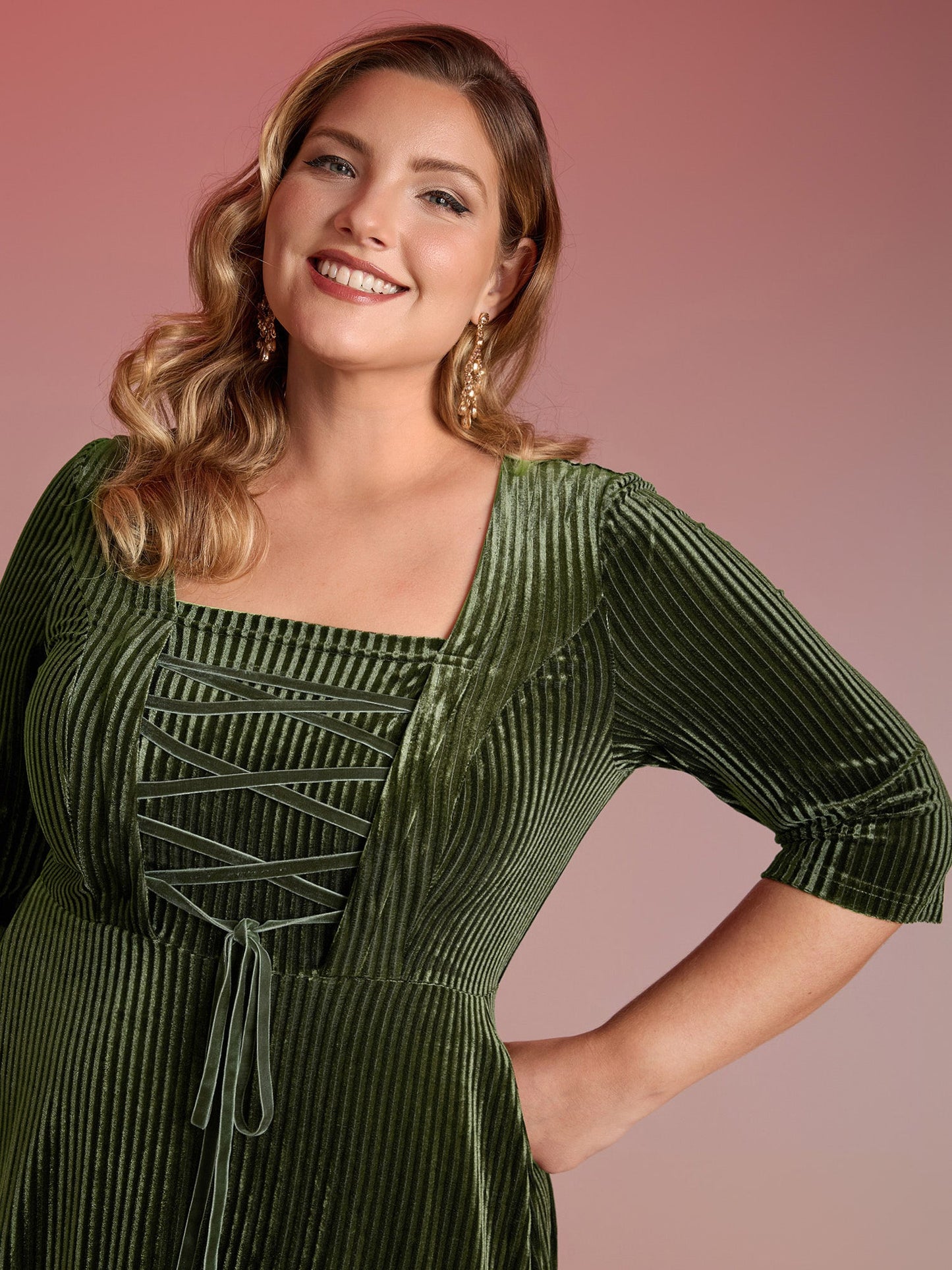 Adjustable Cross-Tie Velvet Stretchy Waist Midi Dress