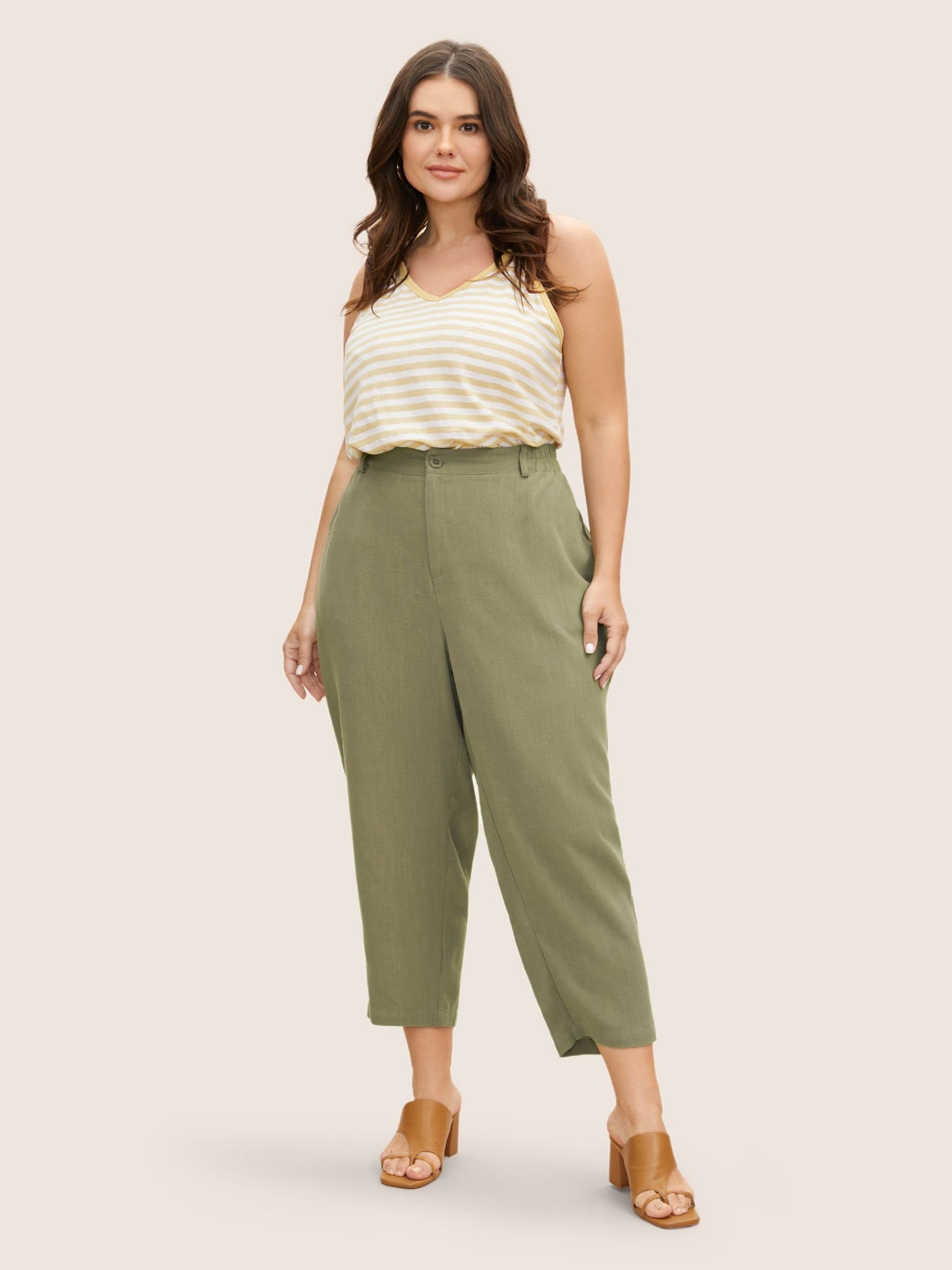 Linen Blend Mid Rise Straight Leg Pants