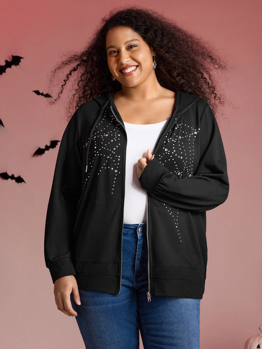 Shimmery Rhinestone Sequin Spiderweb Zipper Hoodie