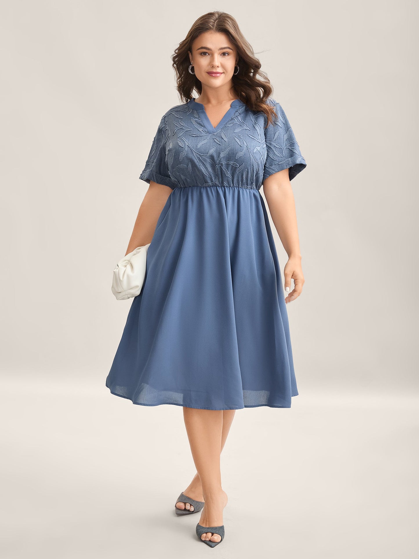 Notched Collar Textured Pocket Midi Dress