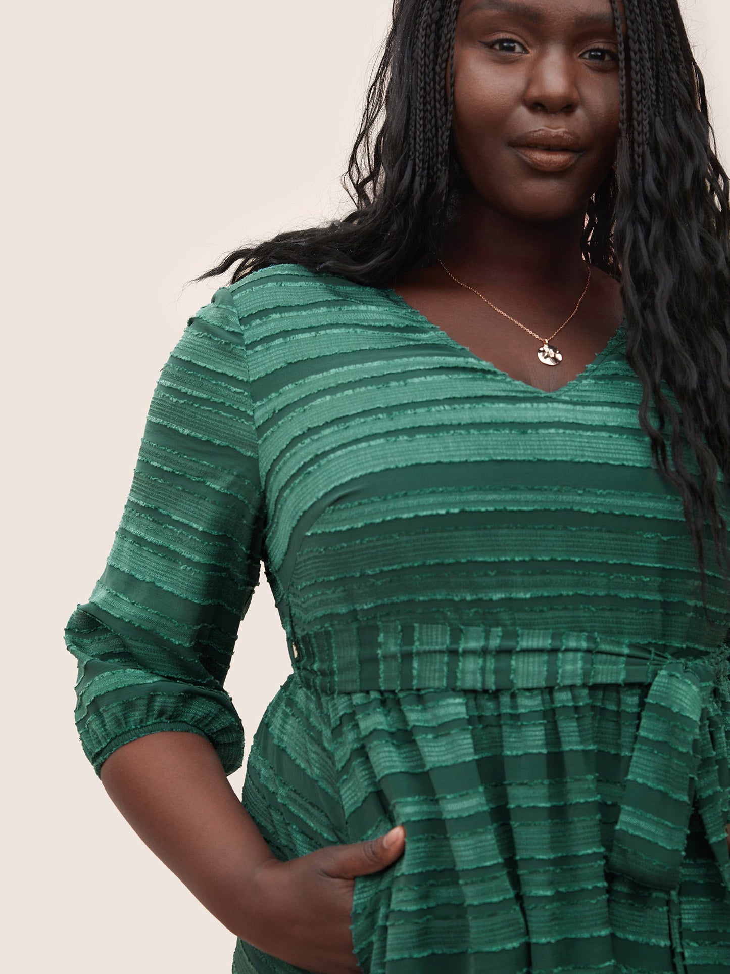 Striped Plisse Ties Pocket Lantern Sleeve Dress