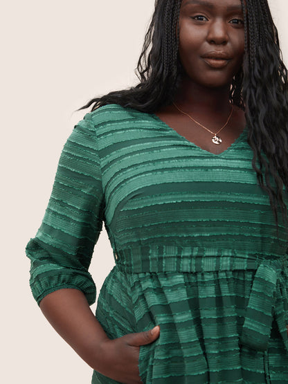 Striped Plisse Ties Pocket Lantern Sleeve Dress