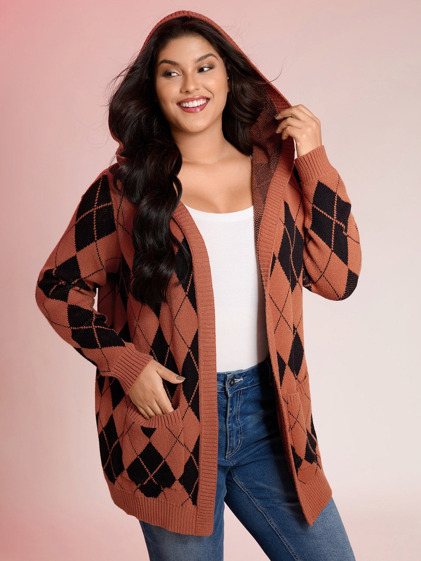 Checkered Jacquard Hooded Pockets Knit Cardigan