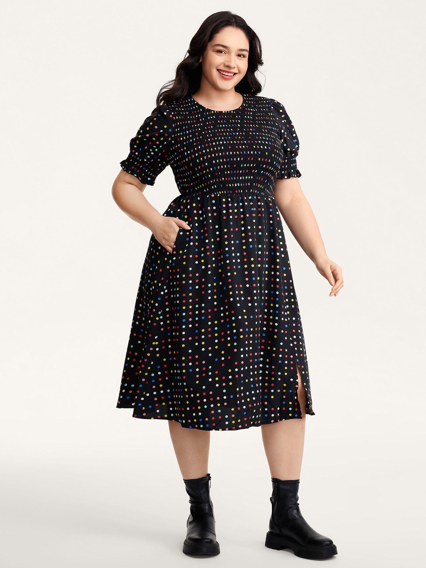 Colorful Polka Dots Shirred Bodice Midi Dress