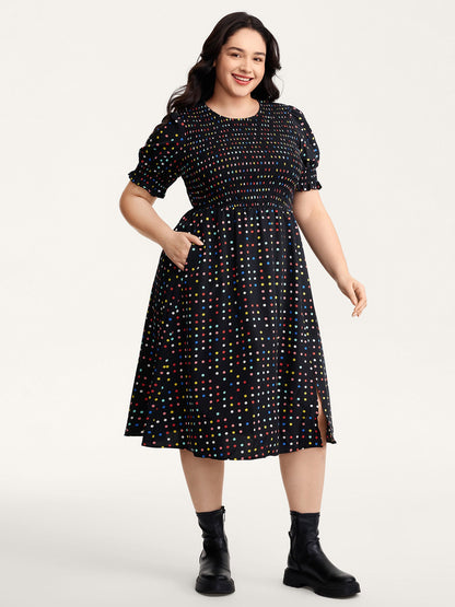 Colorful Polka Dots Shirred Bodice Midi Dress