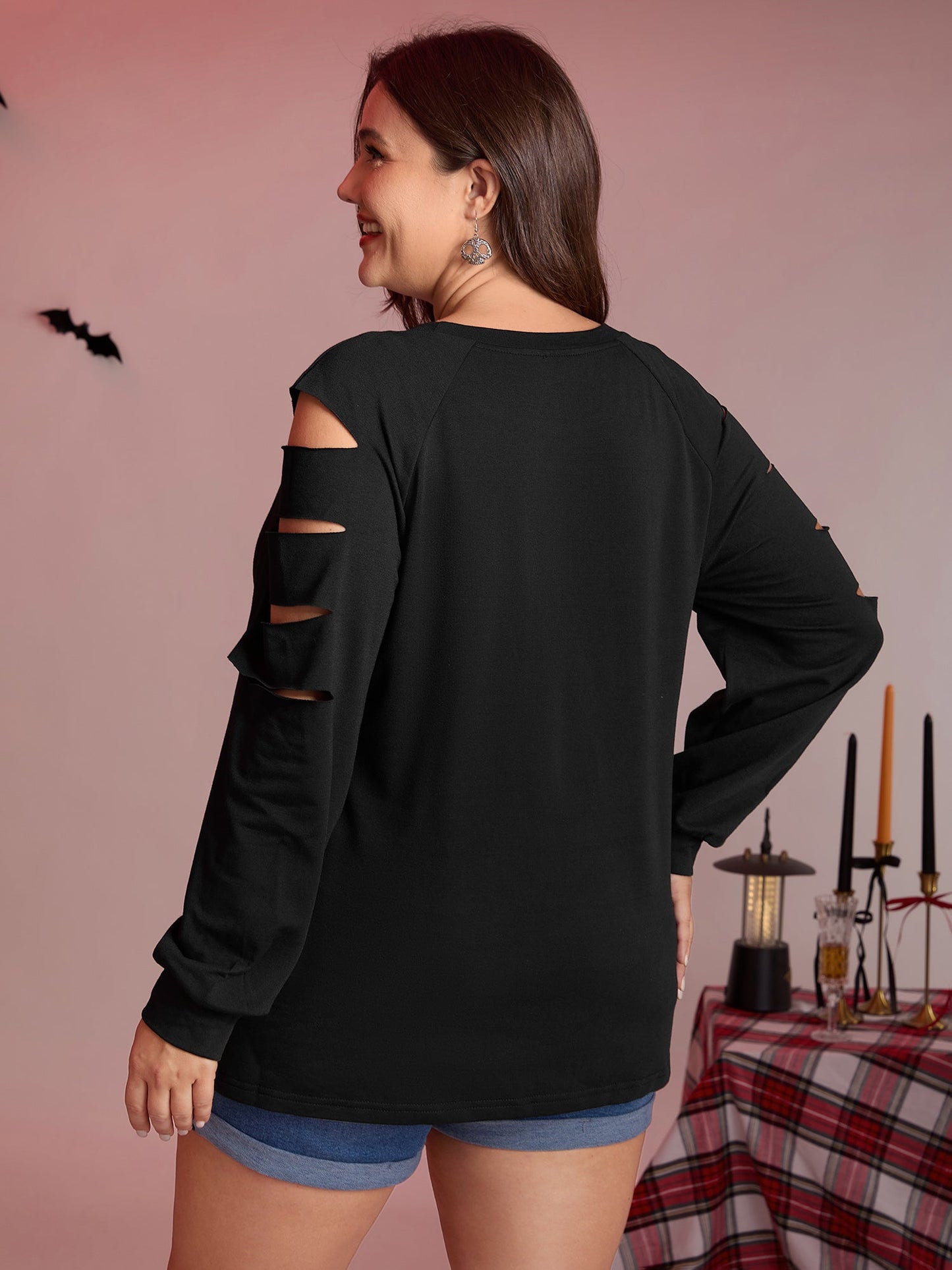 Pumpkin Cat Shoulder Laser Cut-Out Sweatshirt