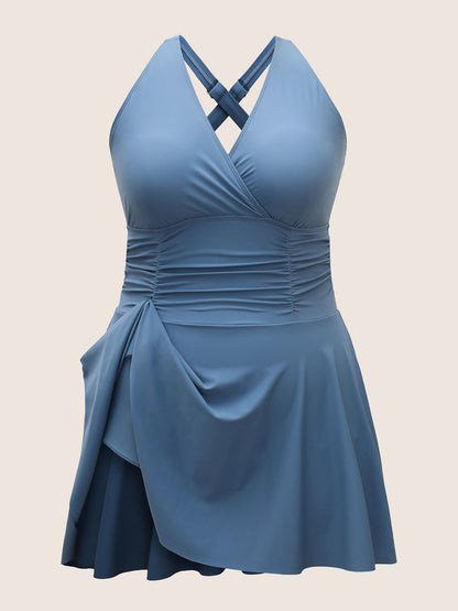 Plain Overlap Collar Ruched Swim Dress