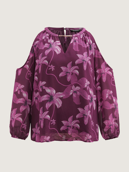 Off-Shoulder Floral Print Metal Detail Blouse