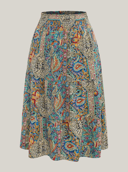 Paisley Print Shirred Waist Midi Skirt
