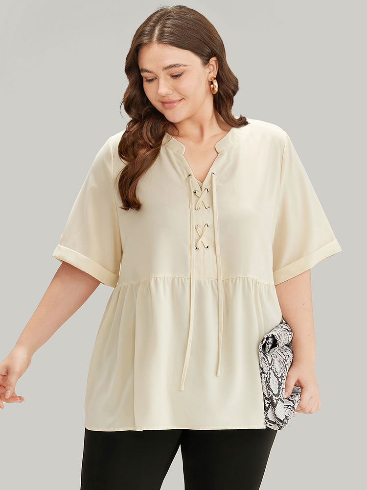 Anti-Wrinkle Lace Up Notched Gathered Blouse