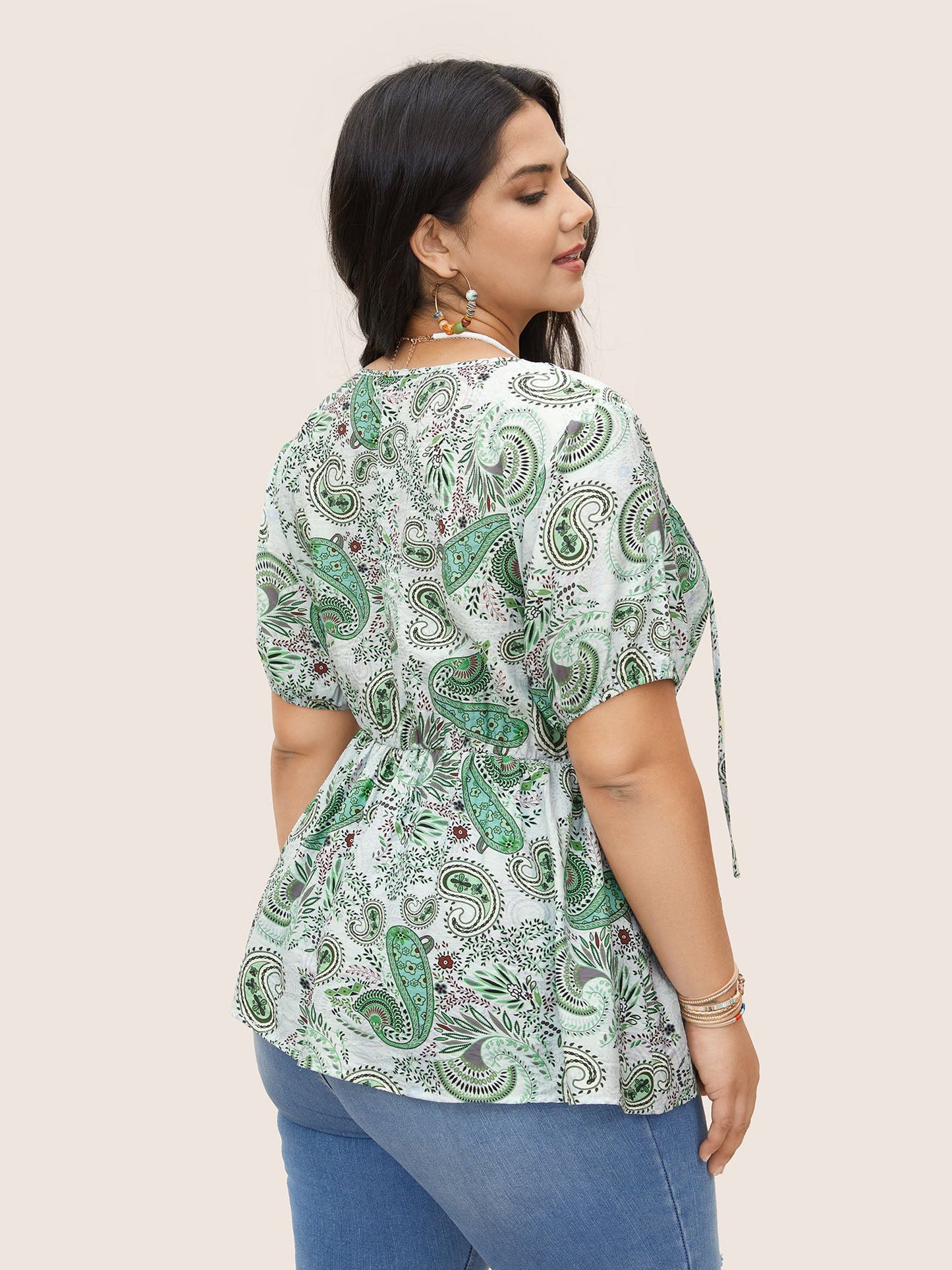 Paisley Print Knot Elastic Waist Blouse