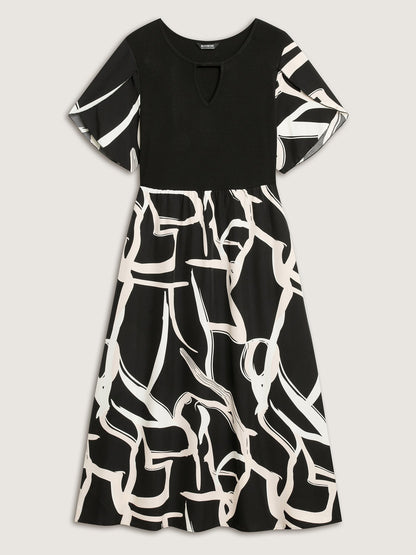 Geometric Print Color Contrast Stretchy Midi Dress