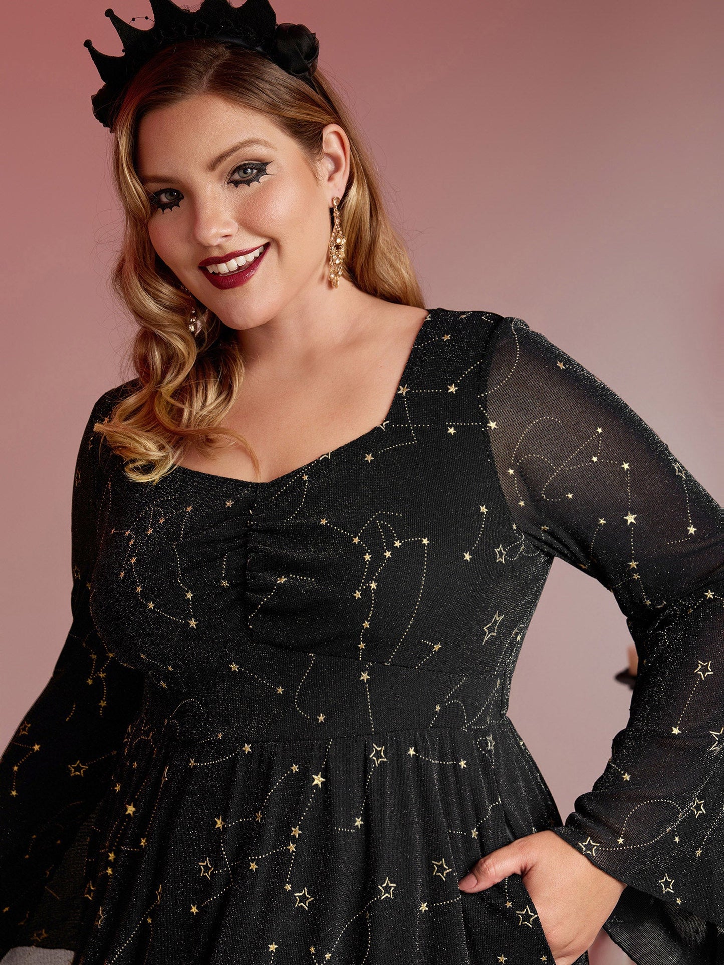 Starry Silk Mesh Flared Sleeve Midi Dress