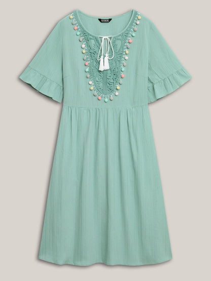 Textured Spliced Multi-Color Tassel Midi Dress