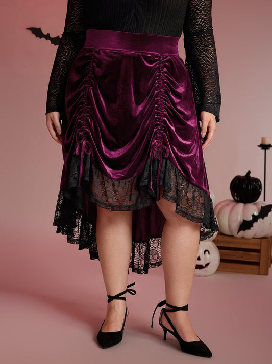 Velvet Lace Ruffled Gathered Midi Skirt