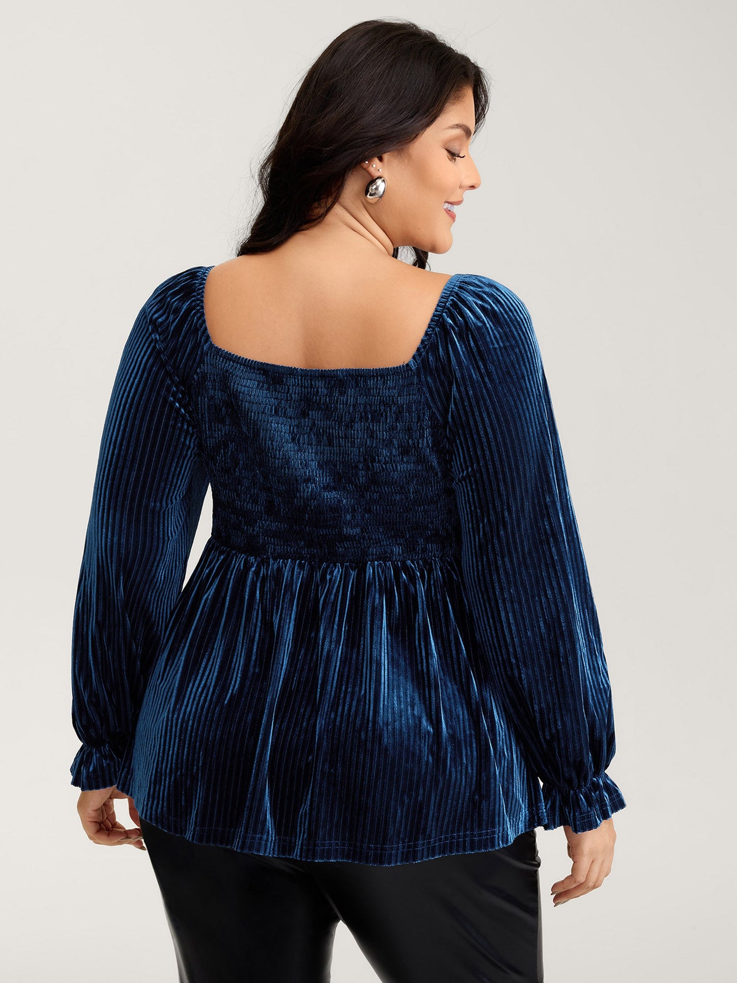 Velvet Shirred Bodice Stretchy Waist Blouse